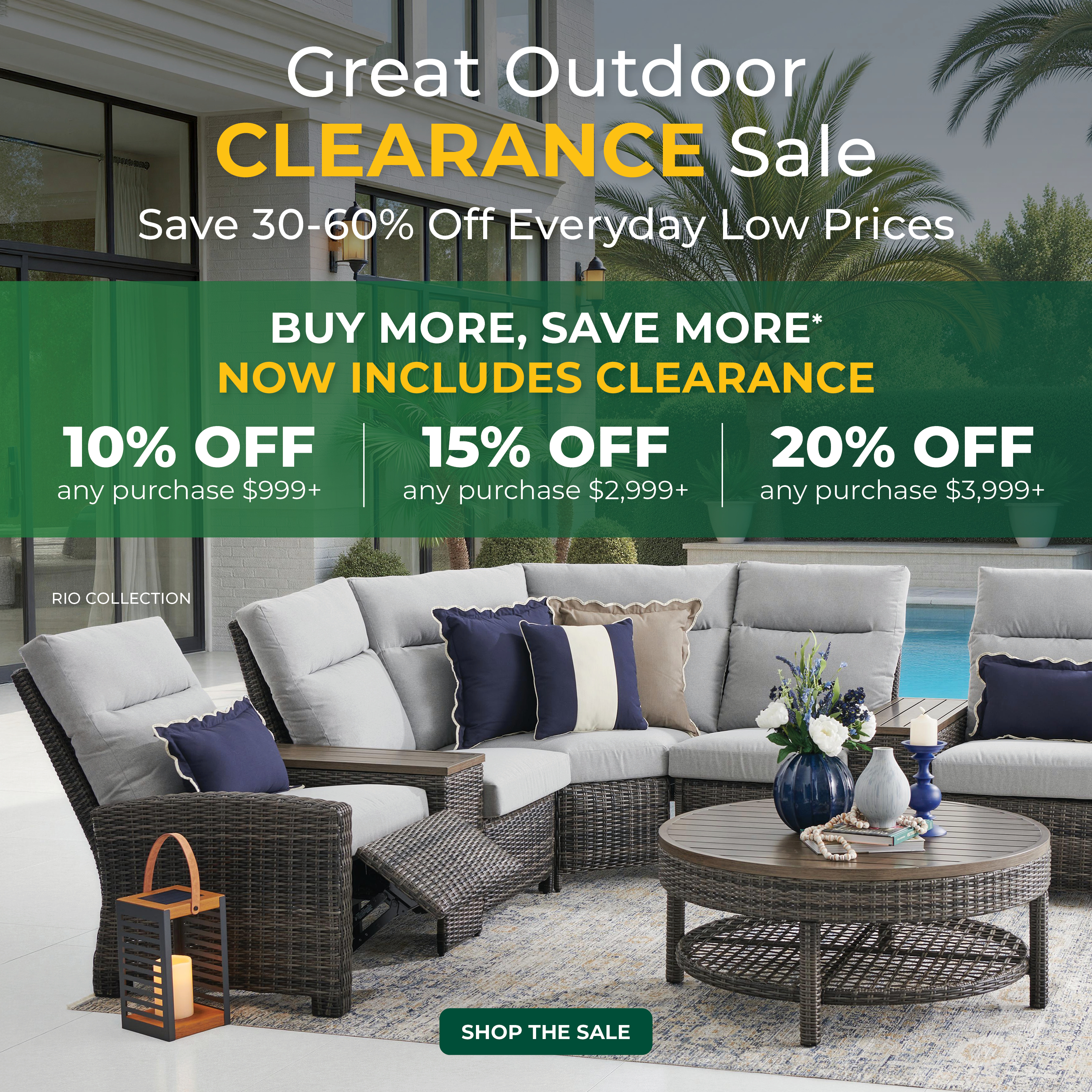 Promotional image for outdoor furniture clearance sale with discount details.