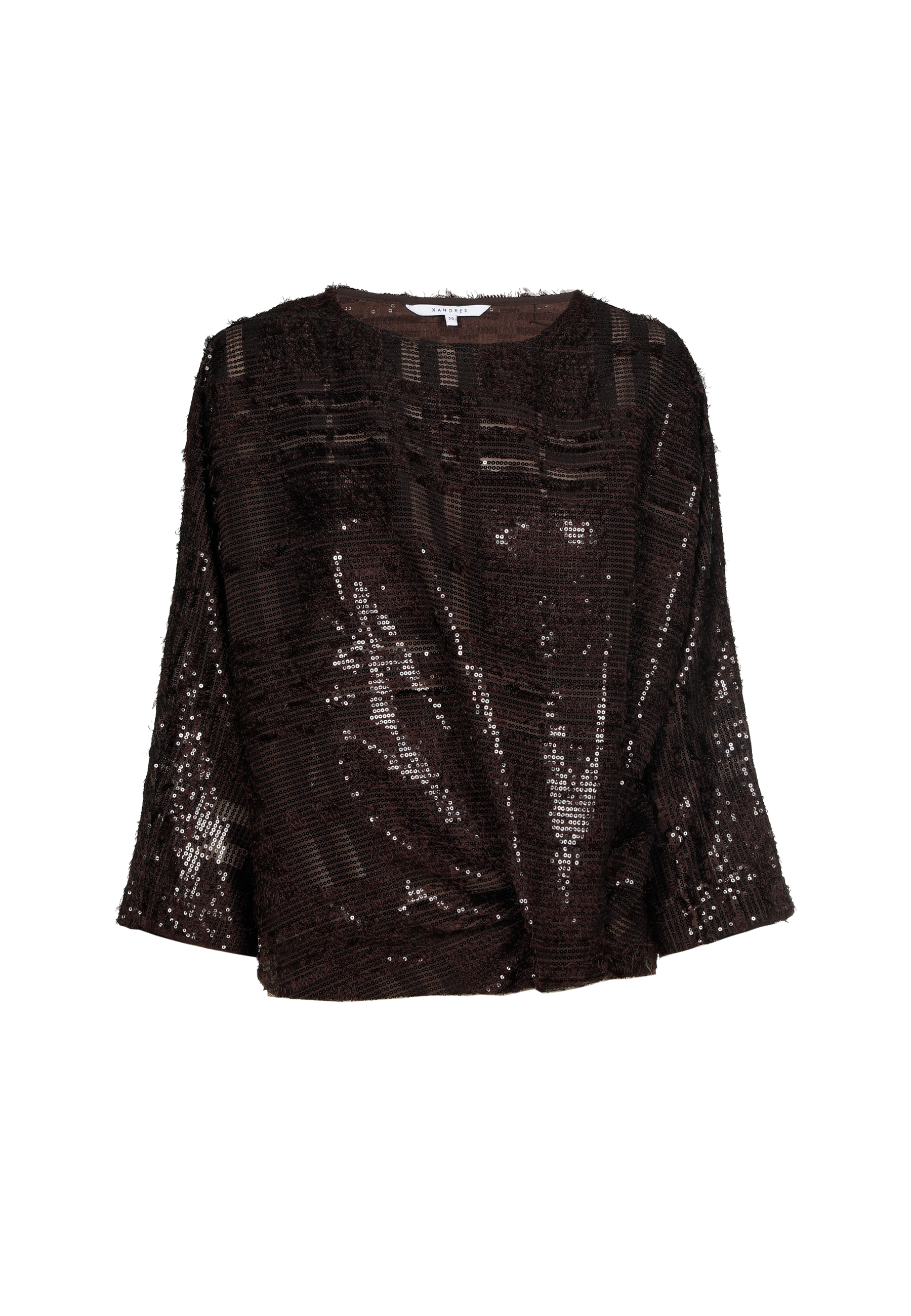 Black sequined top with a loose, relaxed fit and three-quarter sleeves.