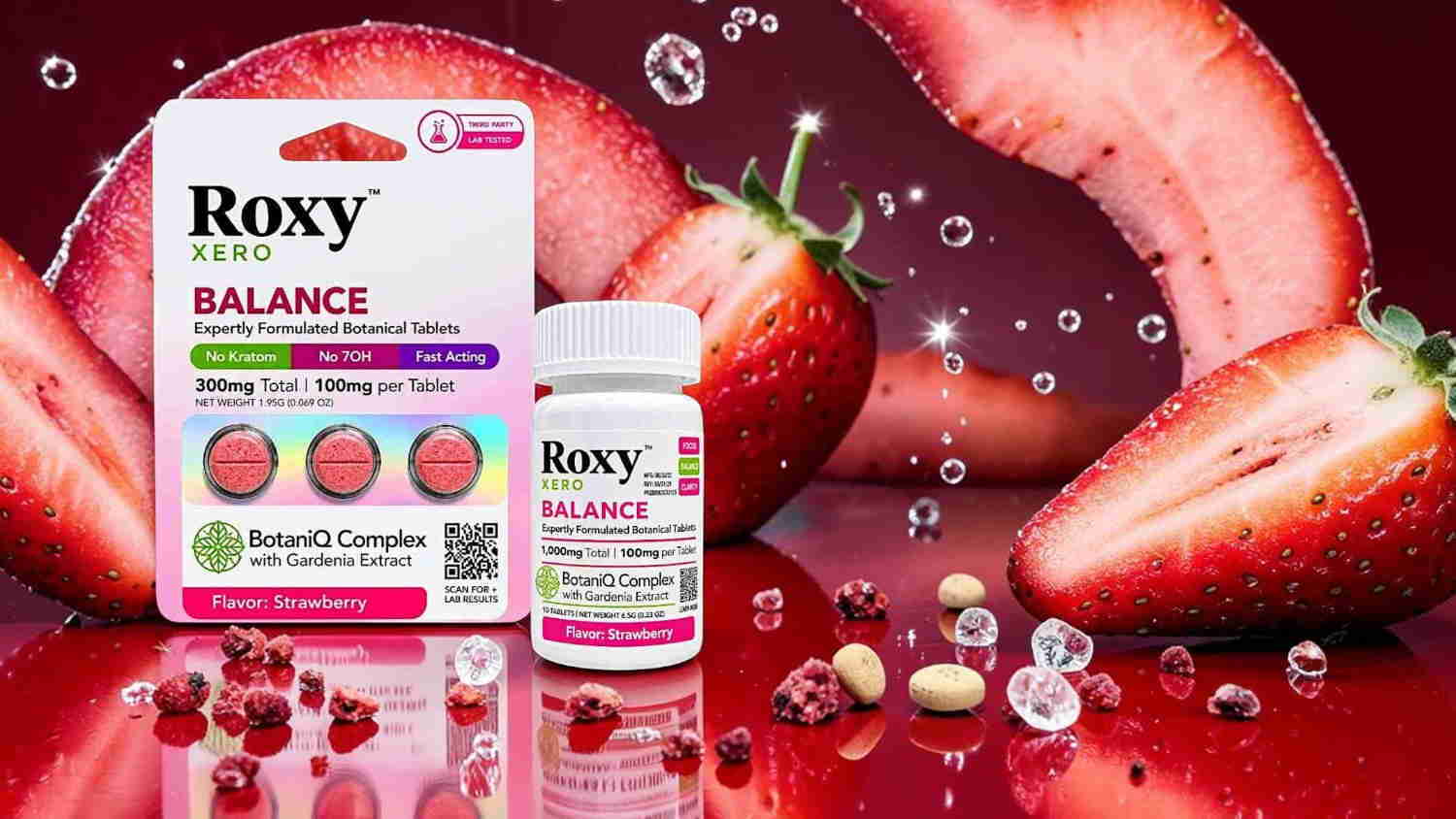 Roxy Balance supplement with strawberries and colorful capsules on a reflective surface.