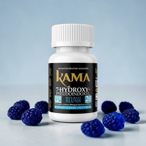 Bottle of dietary supplement surrounded by blue candies on a light background.