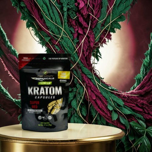 Kratom capsules displayed on a table with colorful plant background.