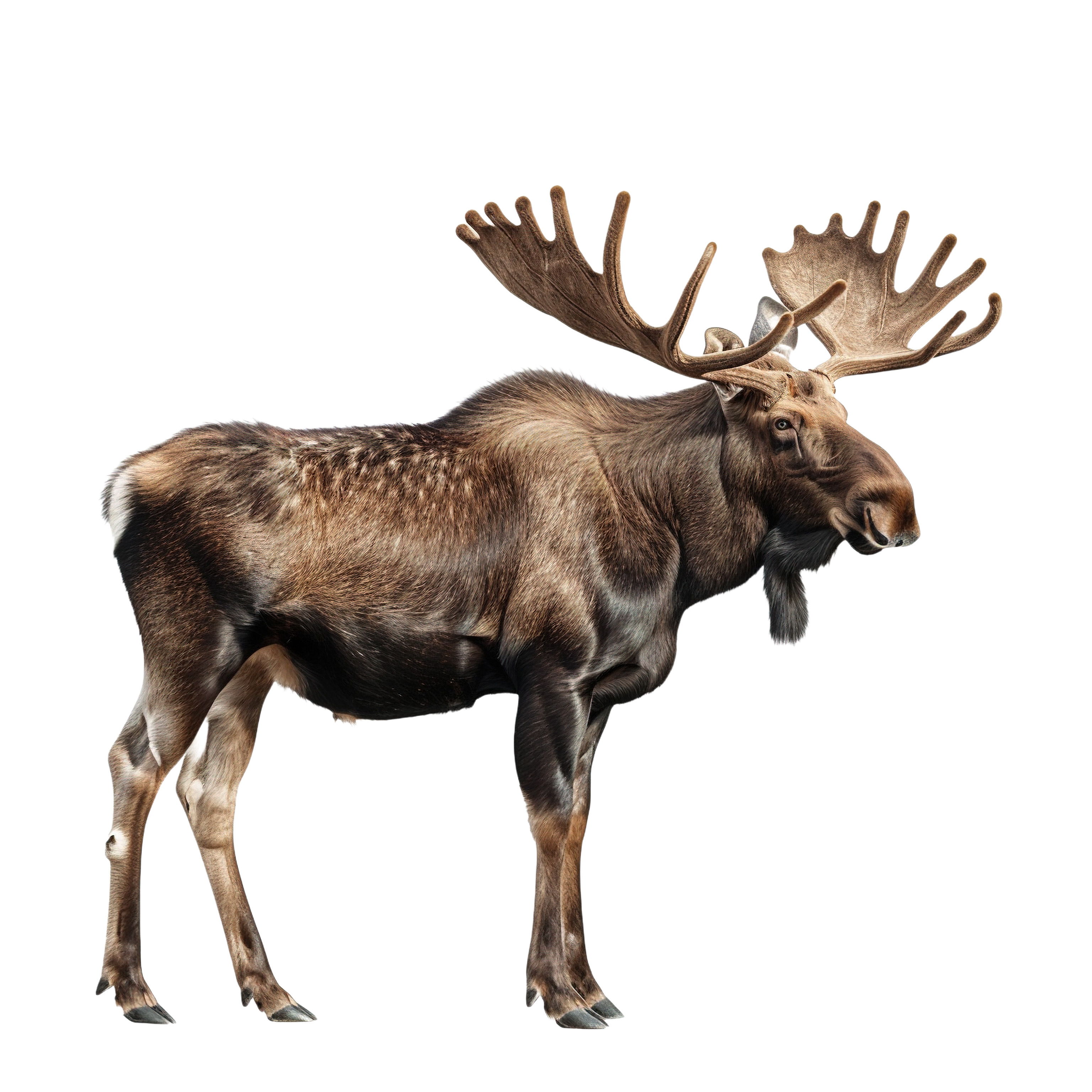 A standing moose with large antlers on a white background.