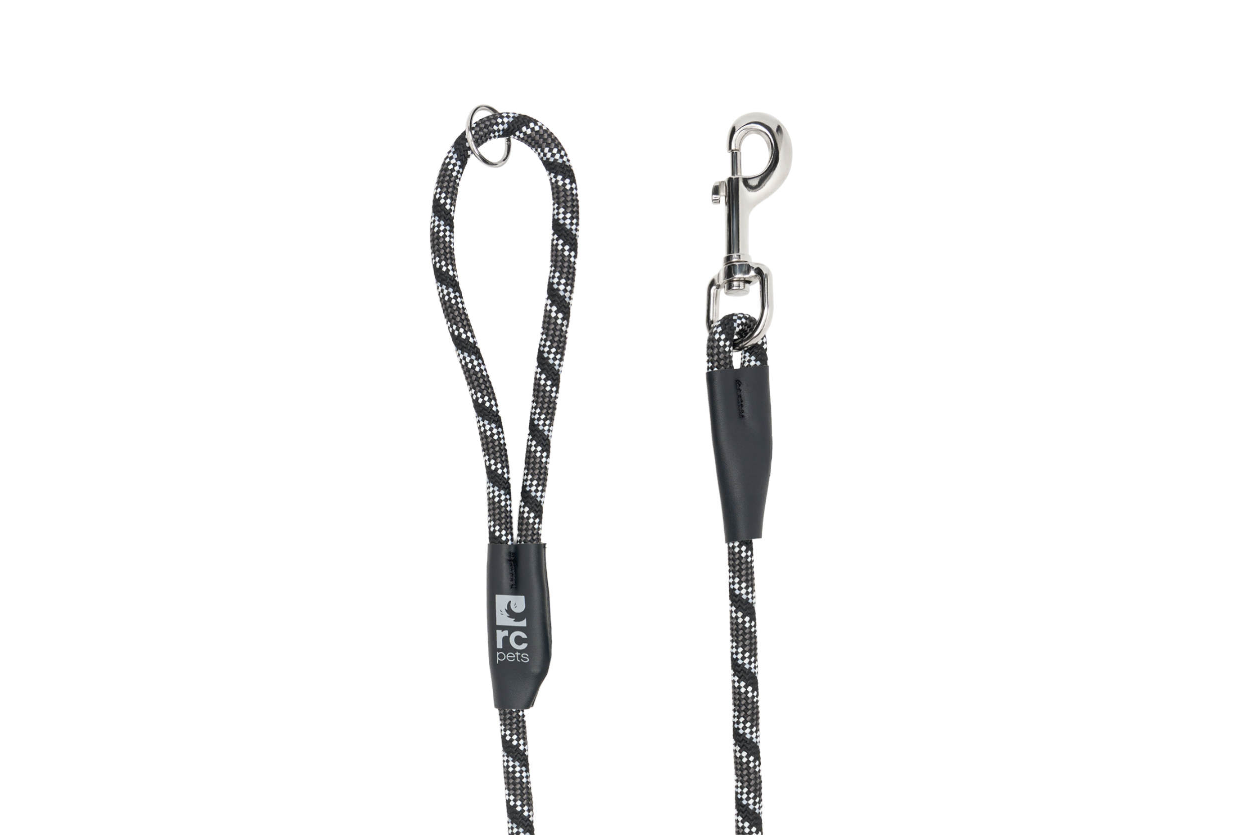 Black and gray rope with a metal clip on one end.
