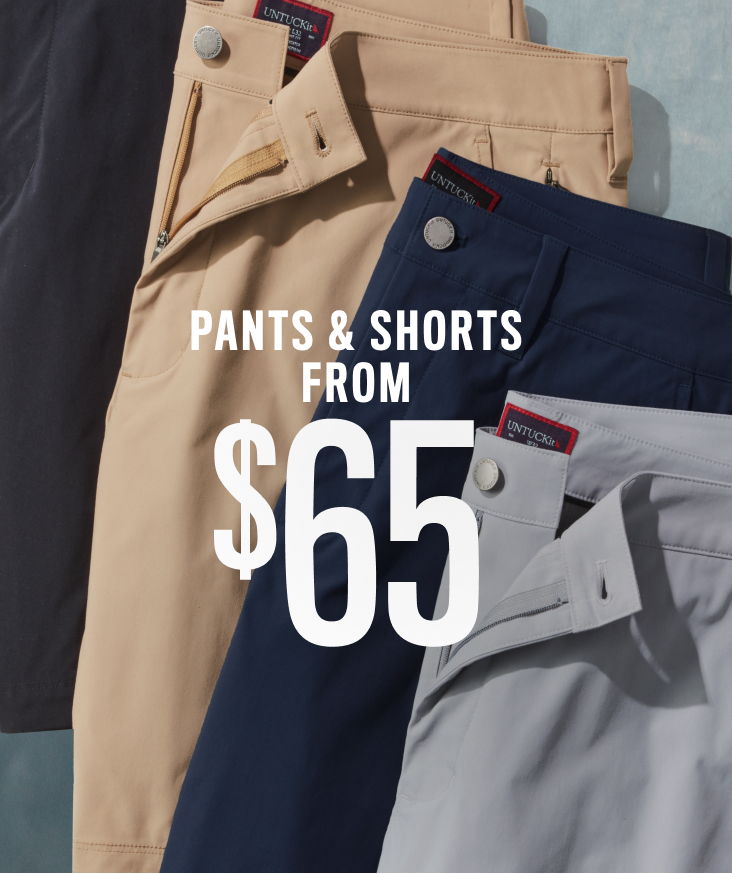 Pants and shorts displayed, priced from $65.