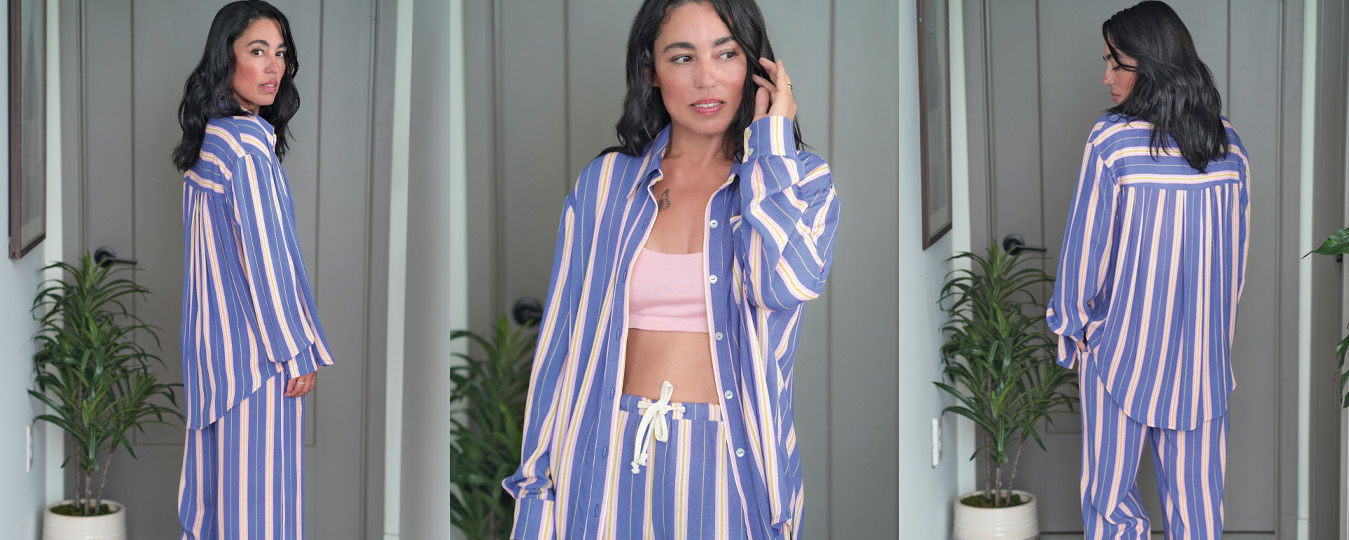 Woman in striped outfit posing from multiple angles.