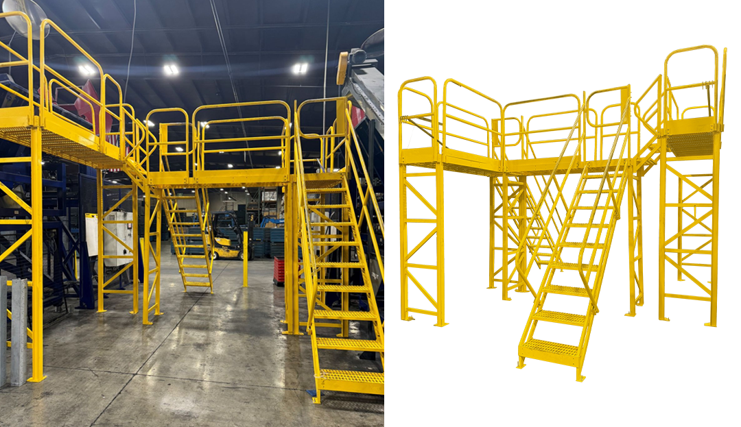 Custom H-shaped multi-platform access system providing conveyor hopper access at varying heights across a warehouse facility