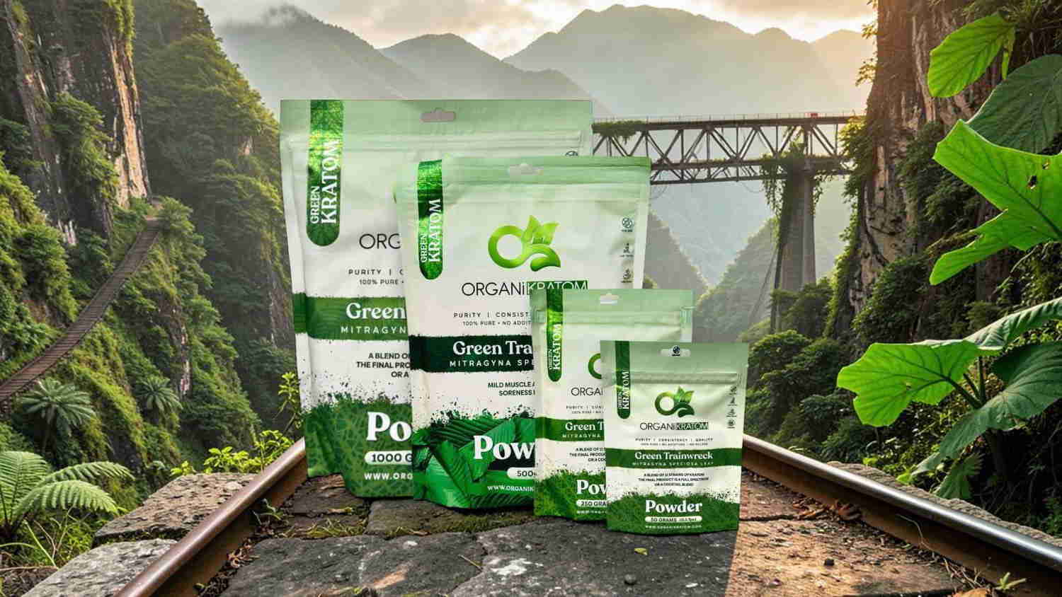 Various eco-friendly product packages in a lush mountainous landscape.