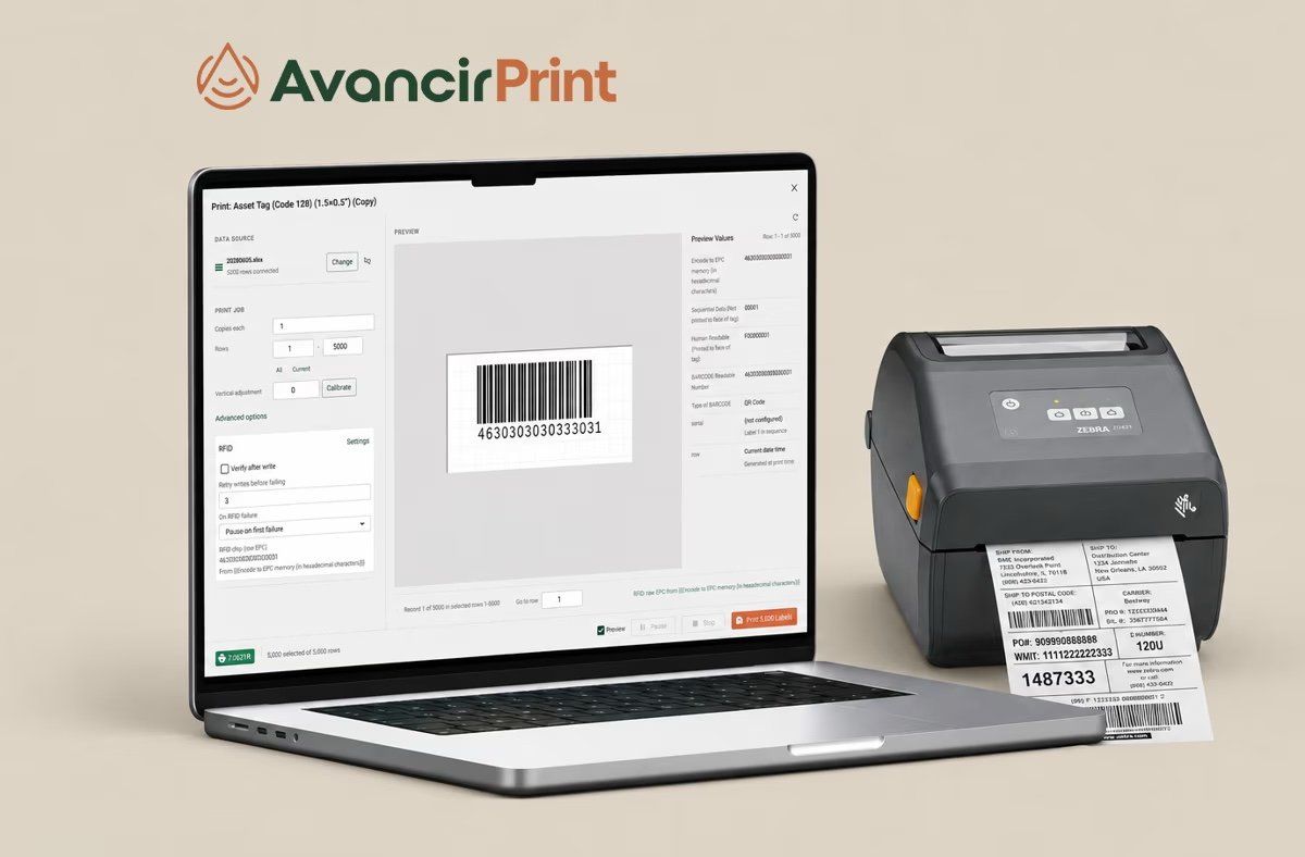 Avancir Print label software on a laptop beside a Zebra printer
