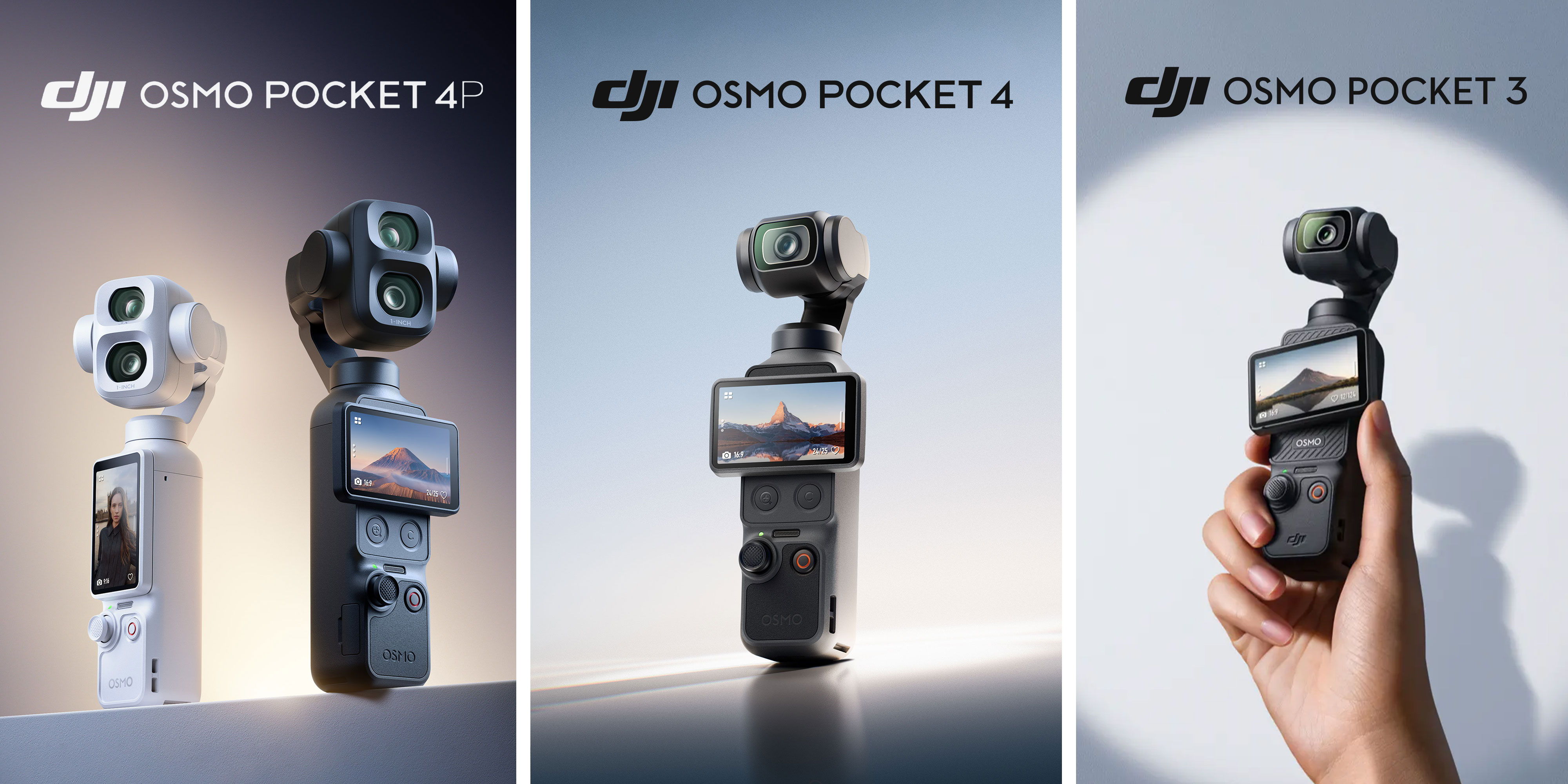 Three DJI Osmo Pocket cameras: Pocket 4P, Pocket 4, and Pocket 3