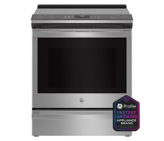 Stainless steel oven with a digital display and appliance award badge.