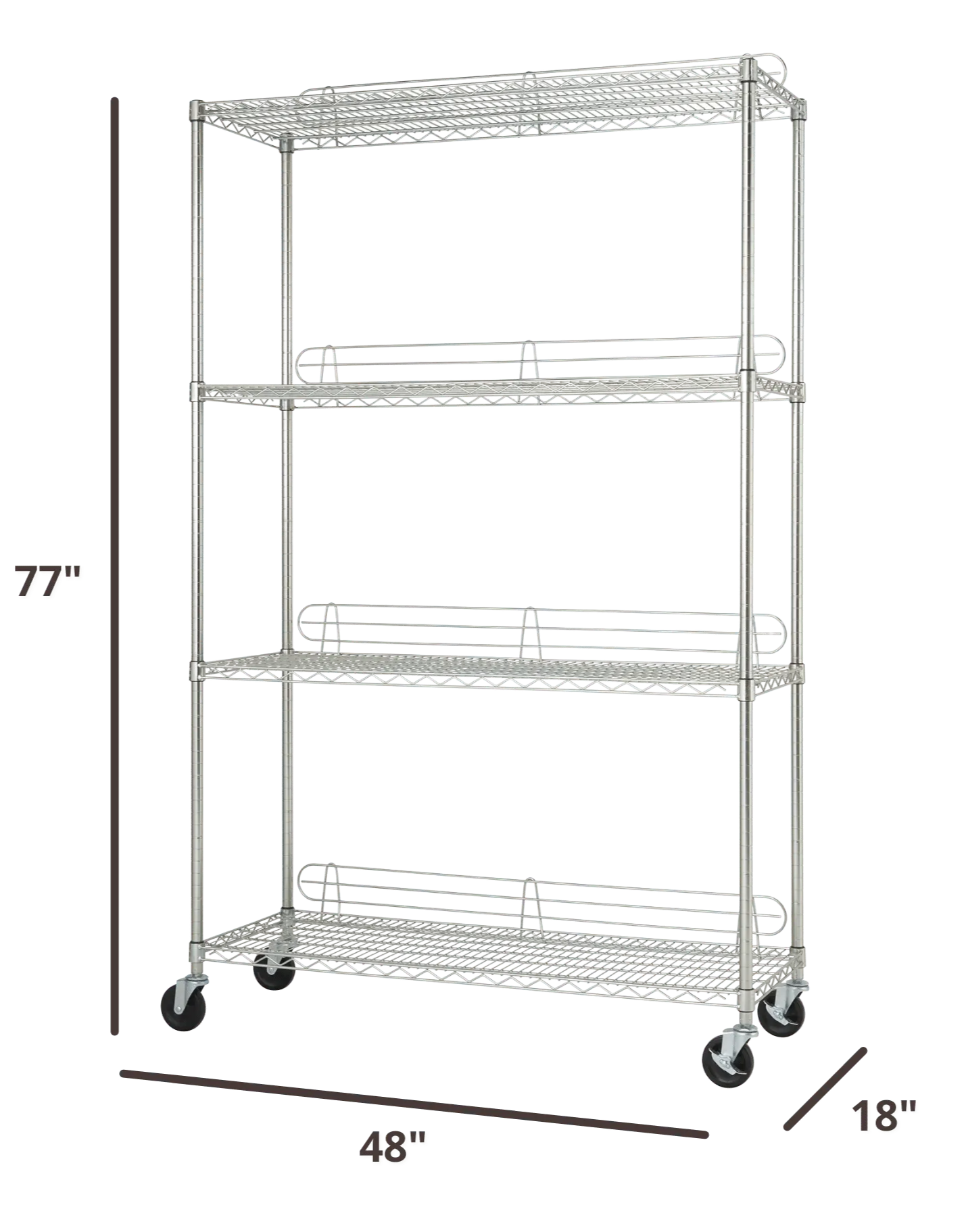 77 inches tall by 48 inches wide by 18 inches deep wire shelving rack