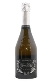 Bottle of champagne with decorative label and silver foil cap.
