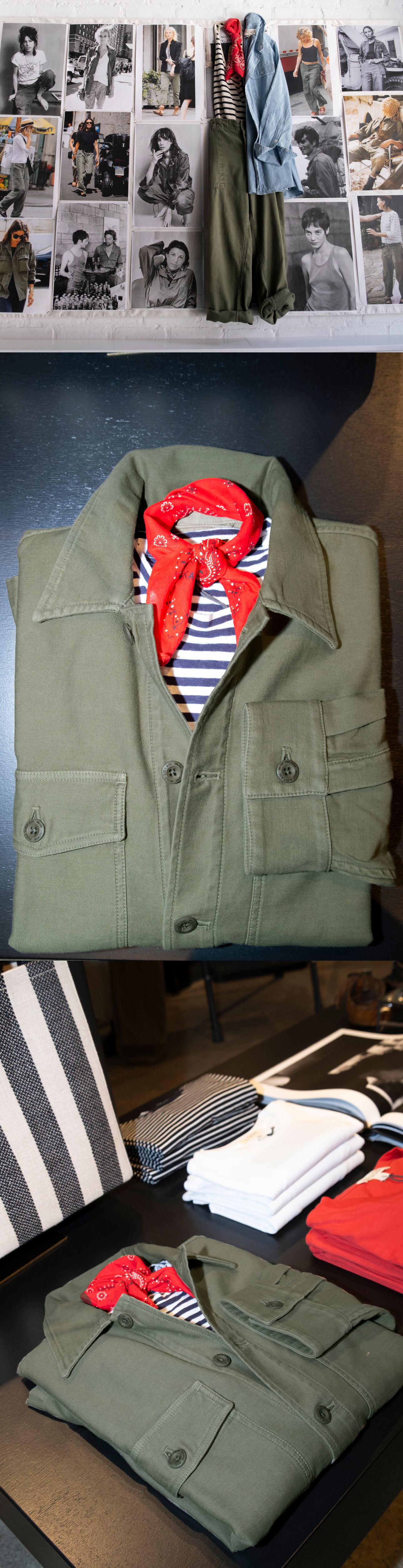 Outfit display with a green jacket, striped shirt, and red bandana.