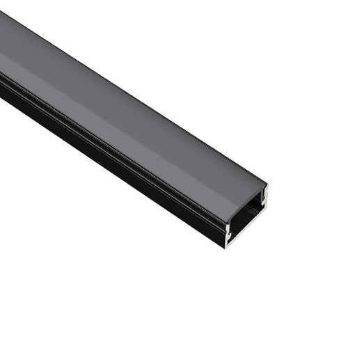 Black and gray rectangular metal profile with an open channel.