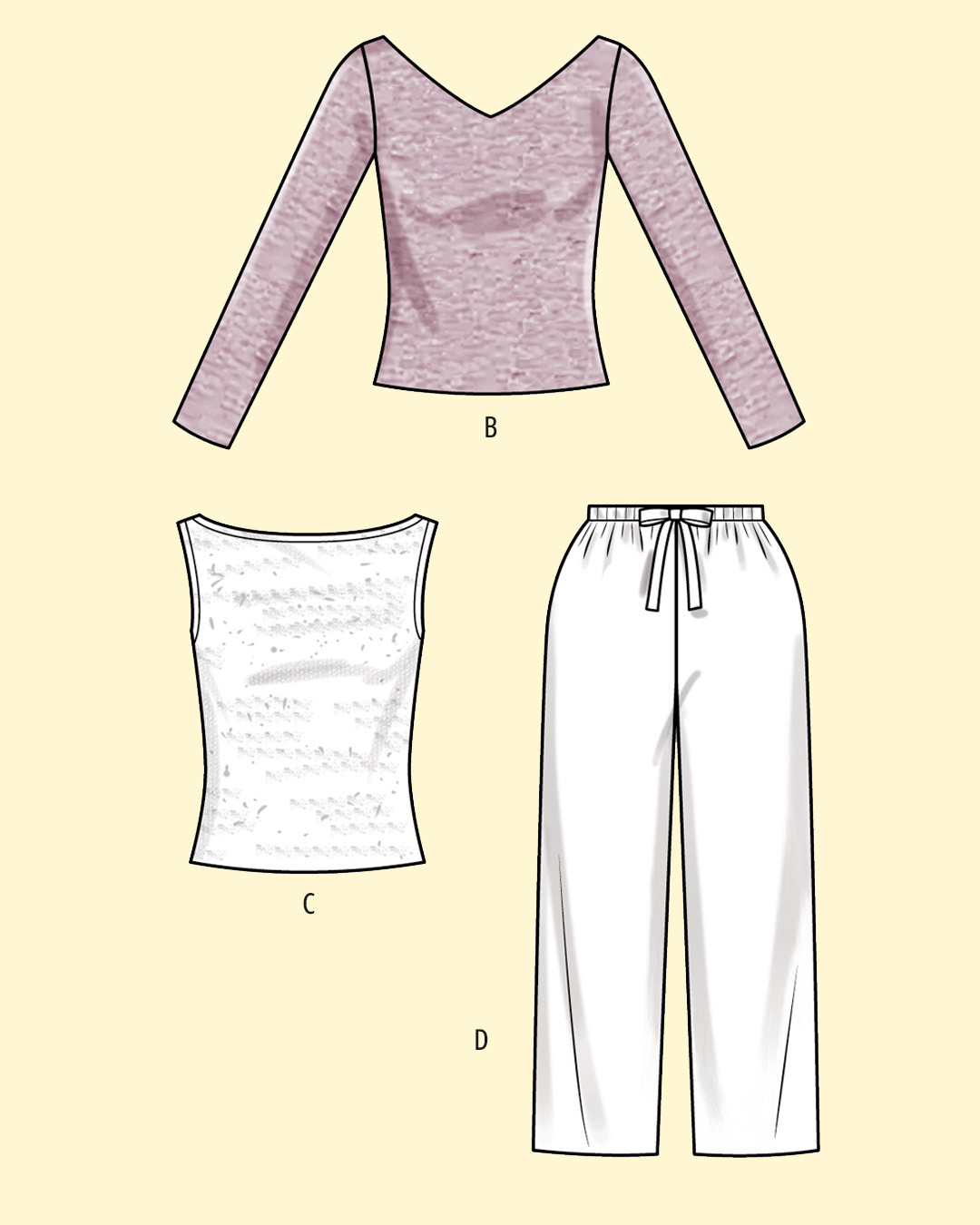 Three clothing items: a long-sleeve top, a tank top, and pants.