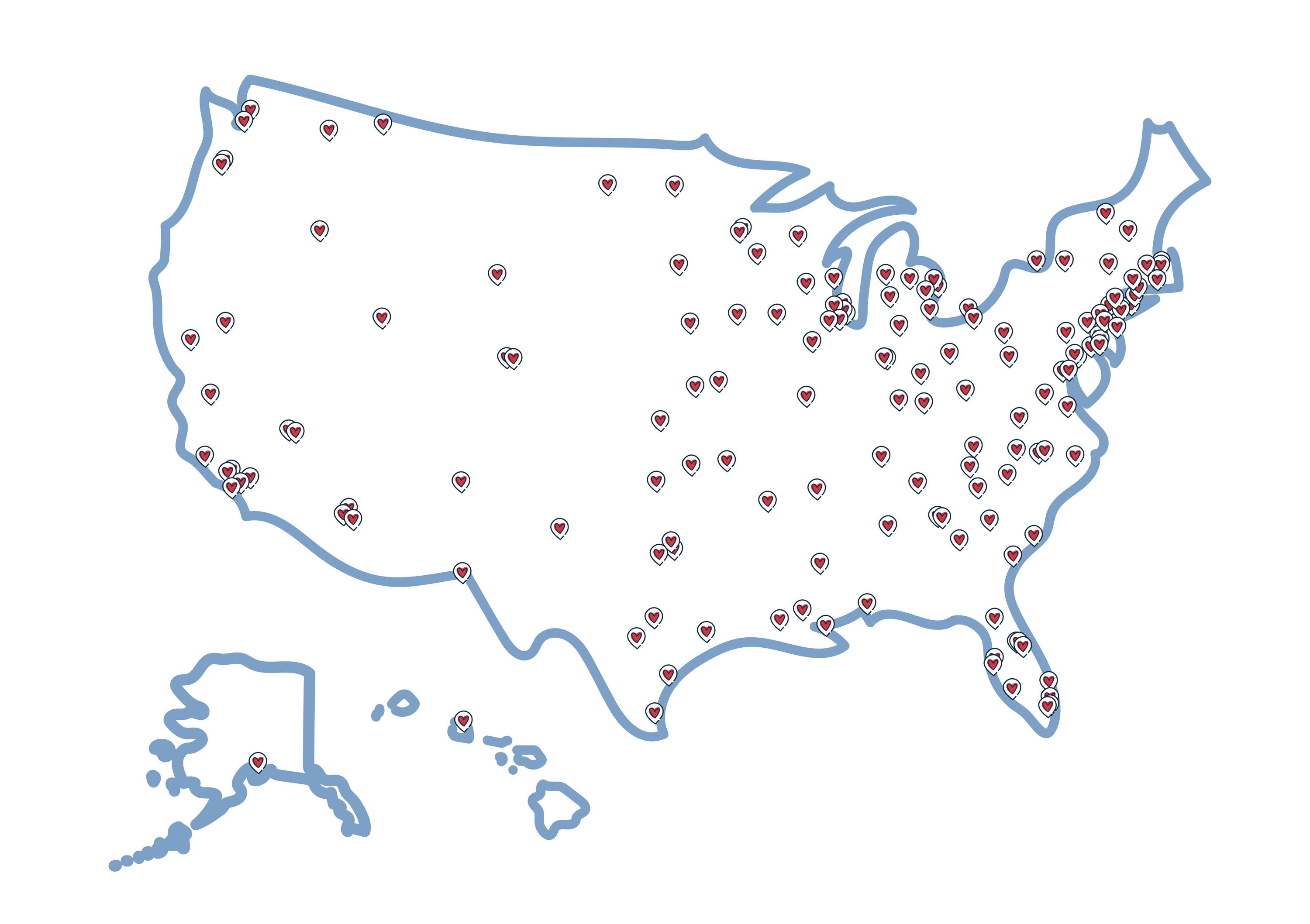 Map of the United States with pins dropped on various locations