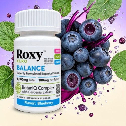 Bottle of Roxy Balance supplement with blueberries in the background.