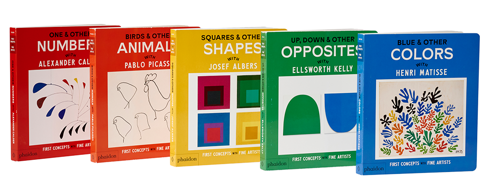 Five colorful children's learning books on numbers, animals, shapes, opposites, and colors.