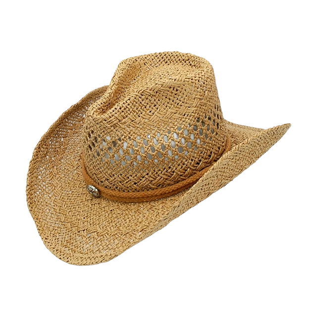 A straw cowboy hat with a brown band.