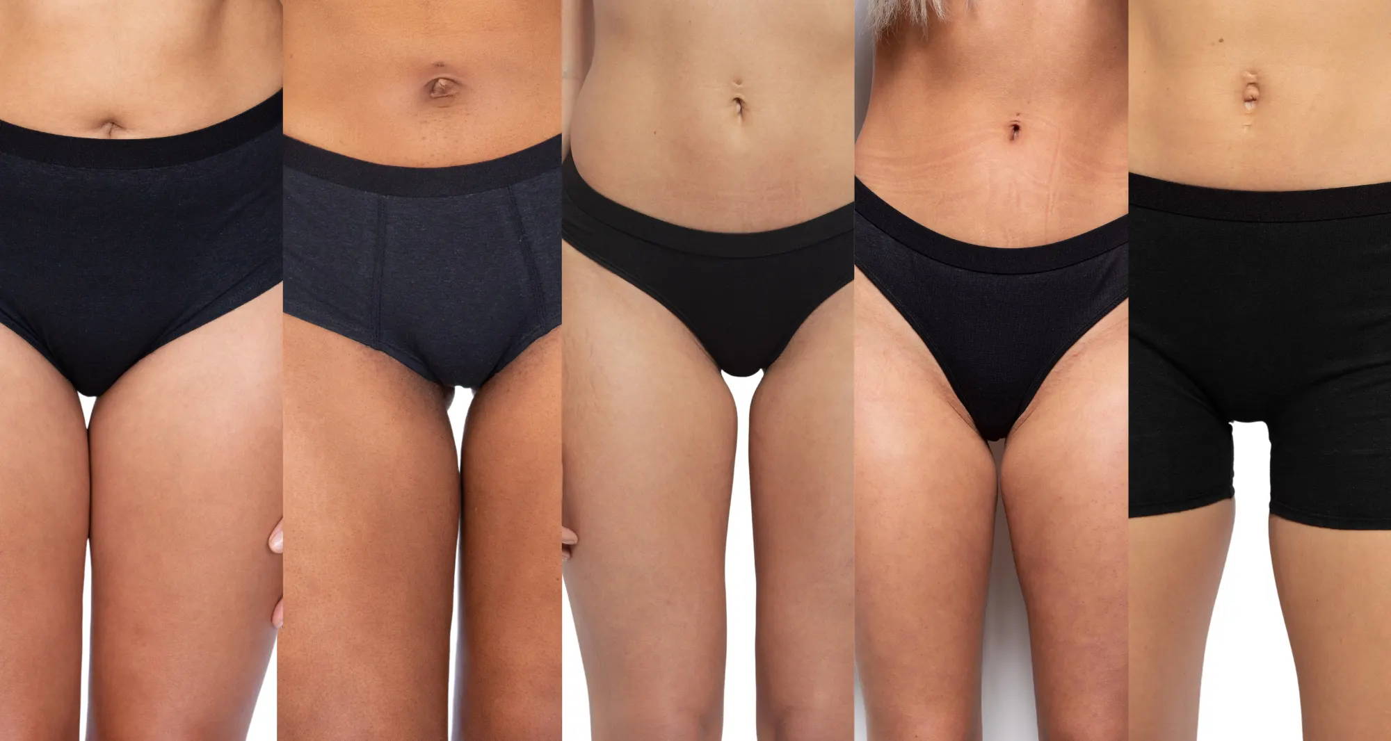 5 women's torsos and legs wearing different types of panties.