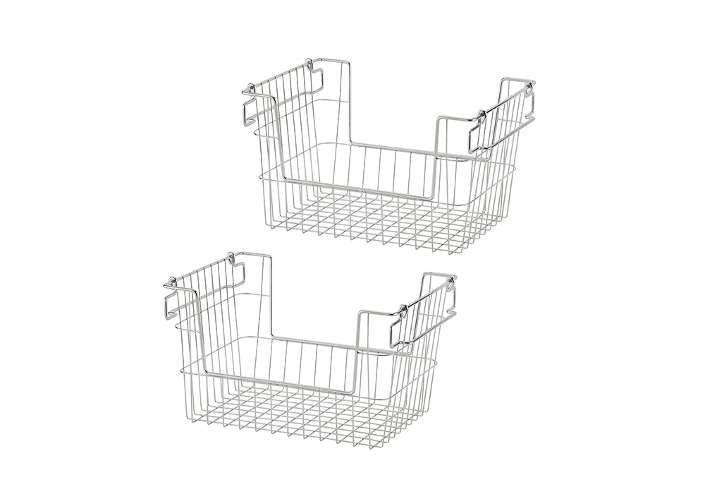 chrome wire baskets sitting next to each other