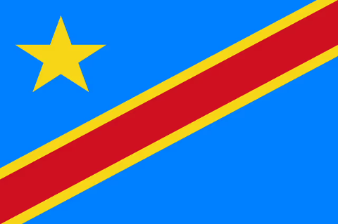 Blue flag with yellow star, red sash with yellow border from bottom left up to top right. The flag of the DECMOCRATIC REPUBLIC OF CONGO 
