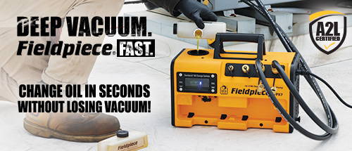 Fieldpiece vacuum pumps achieve deep vacuum fast. Change oil in seconds without losing vacuum.