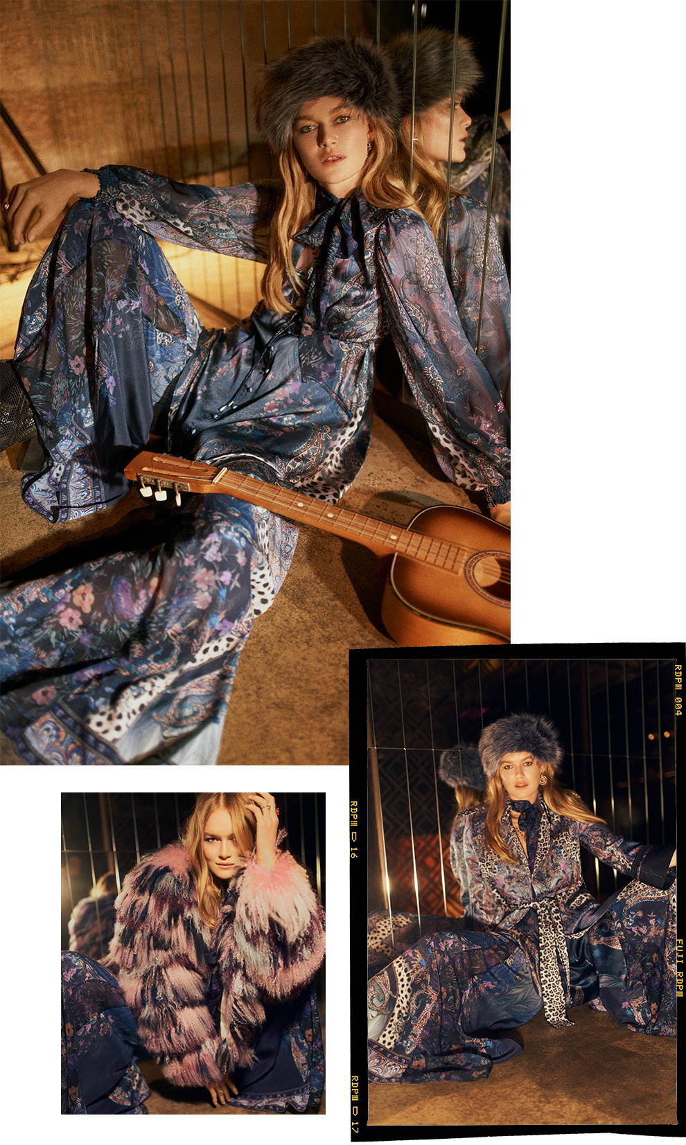 Model wearing CAMILLA Festival Express dress, jackets, layered with pants, guitar