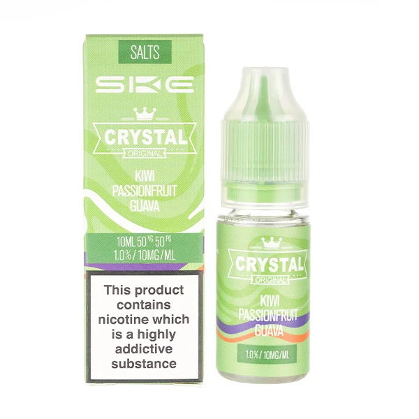 E-liquid bottle with a green label and warning about nicotine addiction.