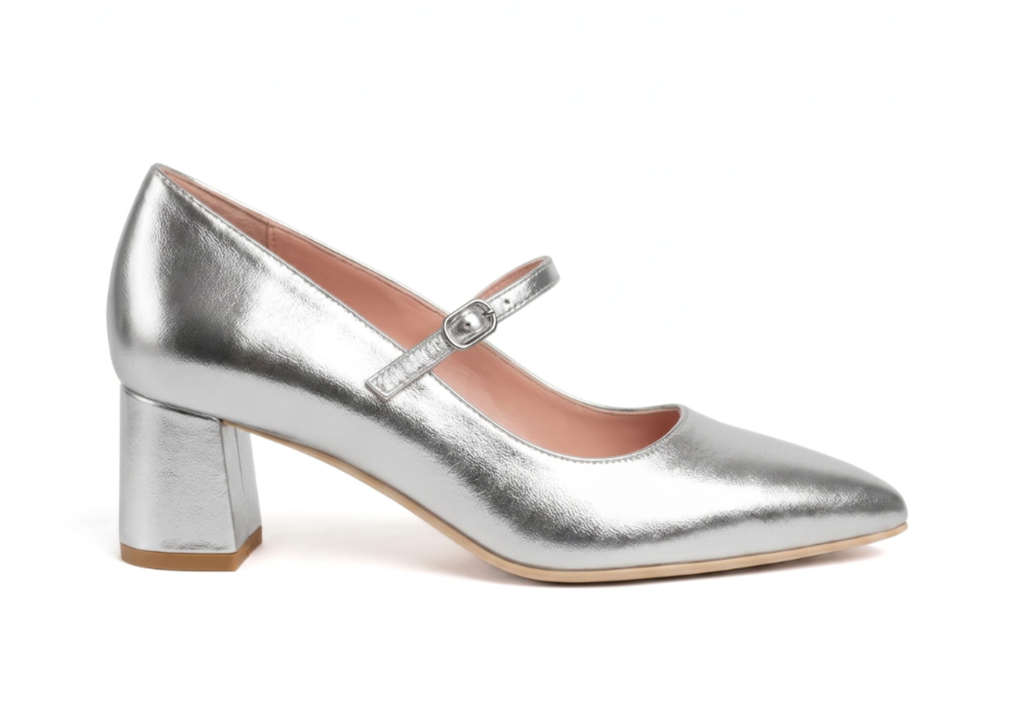 Silver metallic high heel shoe with a strap and block heel.
