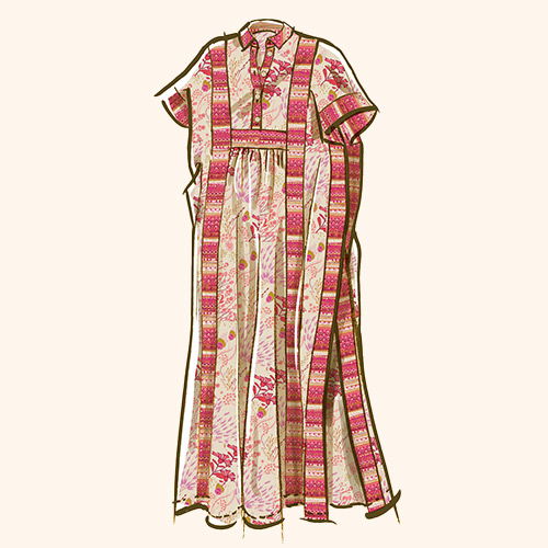 A floral-patterned dress with striped accents and short sleeves.