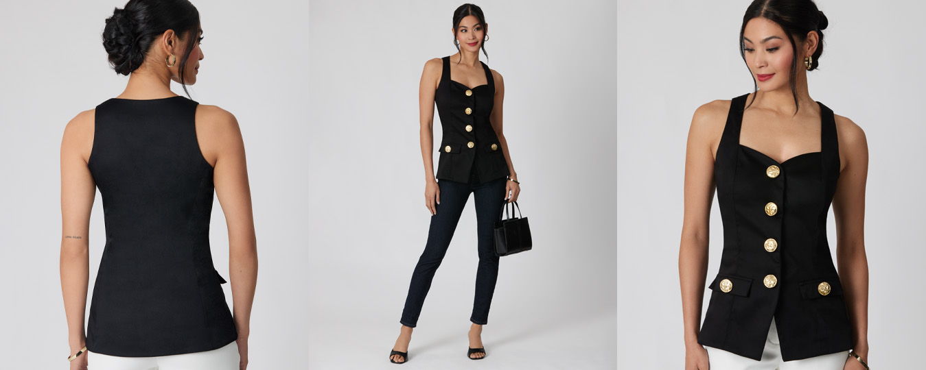 Model wearing a black top with buttons and fitted jeans, posing from different angles.