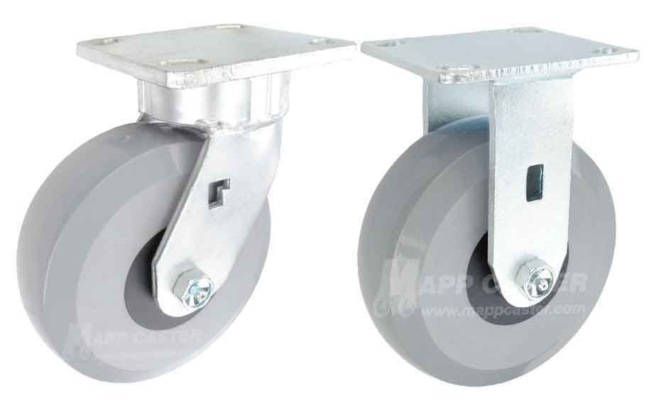 Grey solid polyurethane elastomer plate casters - High capacity, floor protective, non-marking, Chemical Resistant, Water Resistant