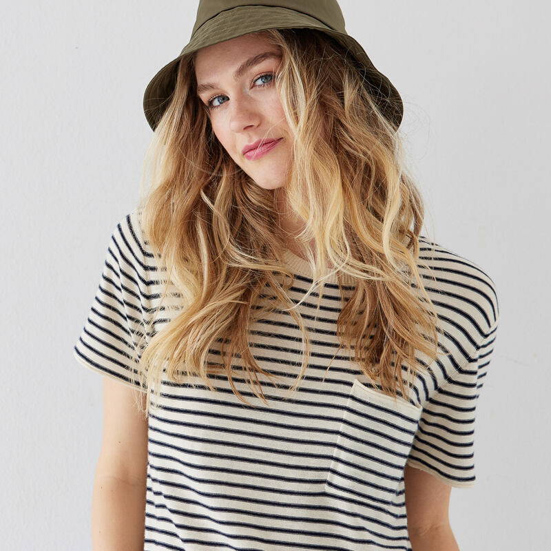 Isabelle 100% Pure Cashmere Short Sleeve Crewneck in Stripe.  Not Monday.