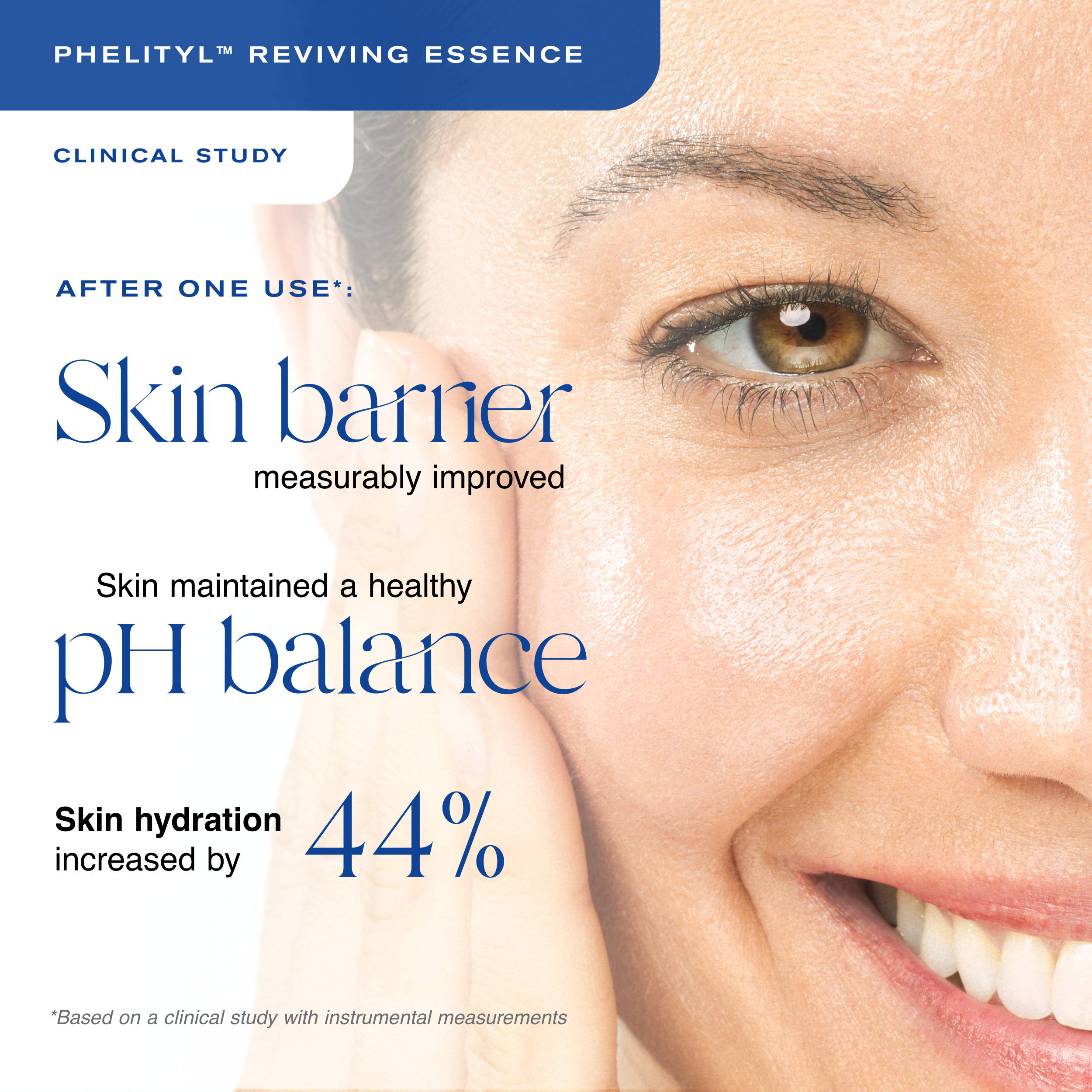 In a Clinical Study • Skin barrier measurably improved • Skin hydration increased by 44% • Skin maintained a healthy pH balance *Based on a clinical study with instrumental measurements