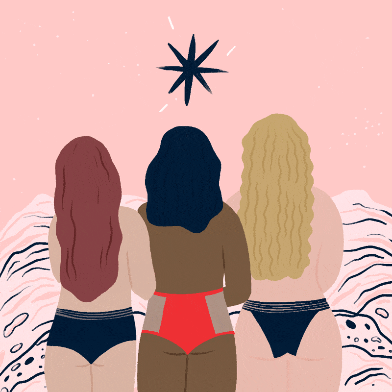 Três mulheres observando uma estrela e as montanhas com fundo rosa