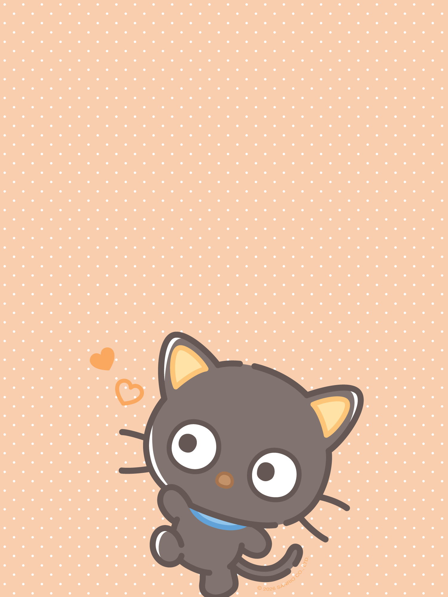 Cute cartoon black cat with large eyes and a blue collar on a peach background.