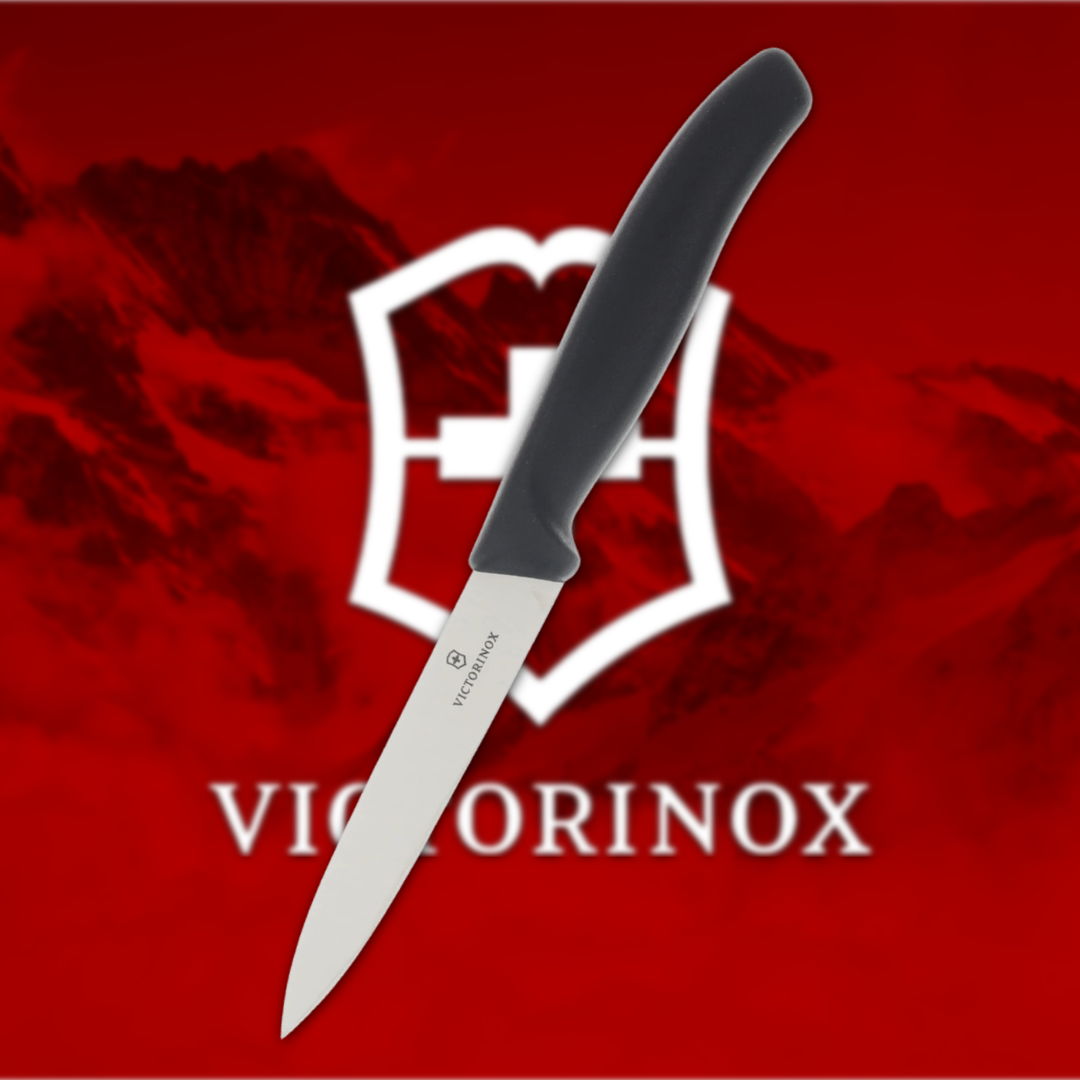 Victorinox logo with a knife on a red background.