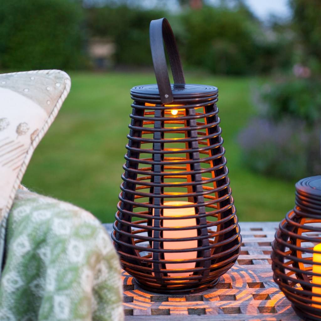 Solar lantern on a garden table.