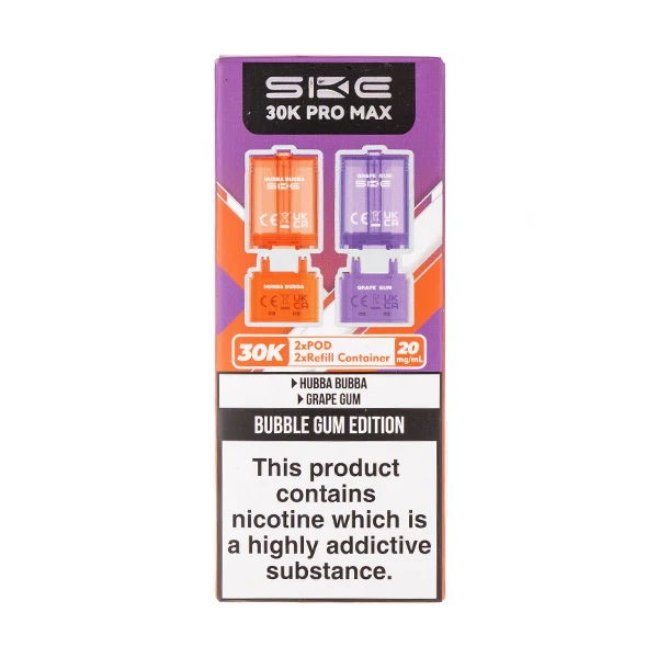 Vape product packaging with warning label and flavor information.