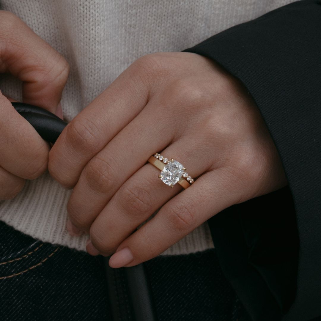 Cushion Cut Wide Band ring with Floating Diamond Wedding Band