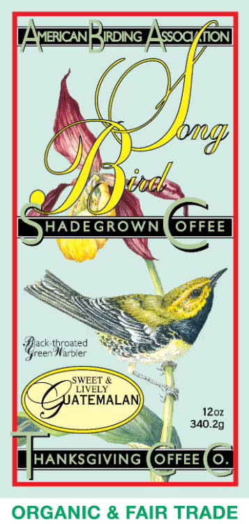 Label for shade-grown coffee featuring a bird and floral design.
