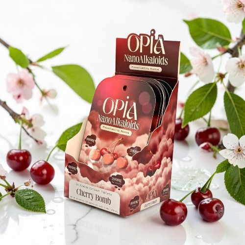 Opia natural candies packaging with cherries and flowers.