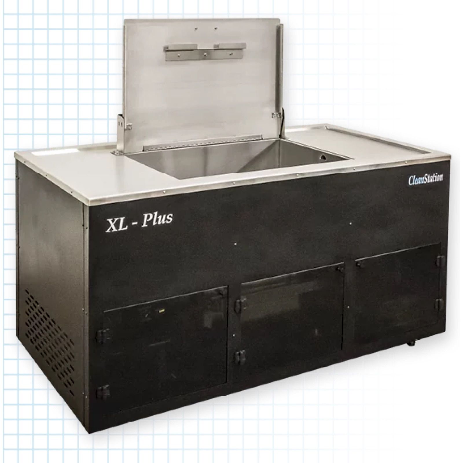 Industrial equipment with an open lid, labeled 