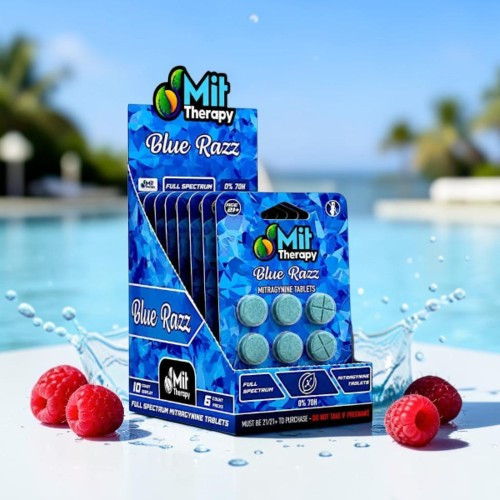 Blue Razz product display with raspberries by a pool.