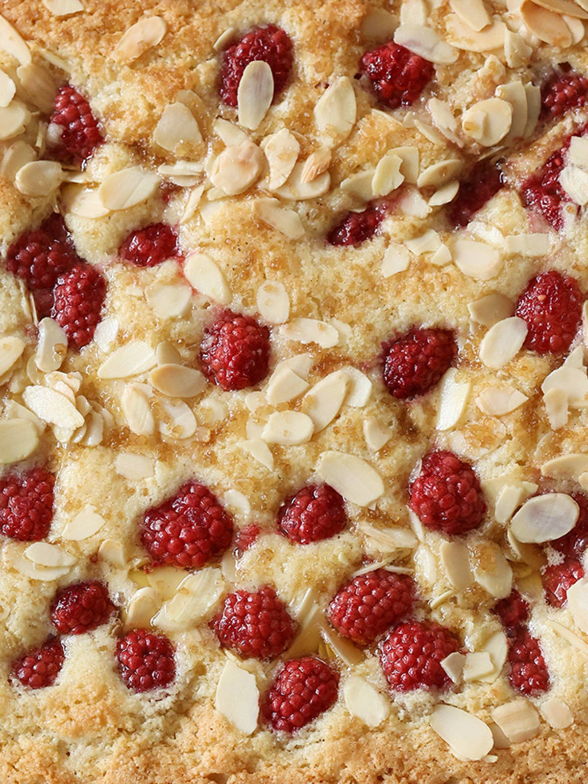 A close up of a Raspberry Frangipane Bake in a Square bake tray.