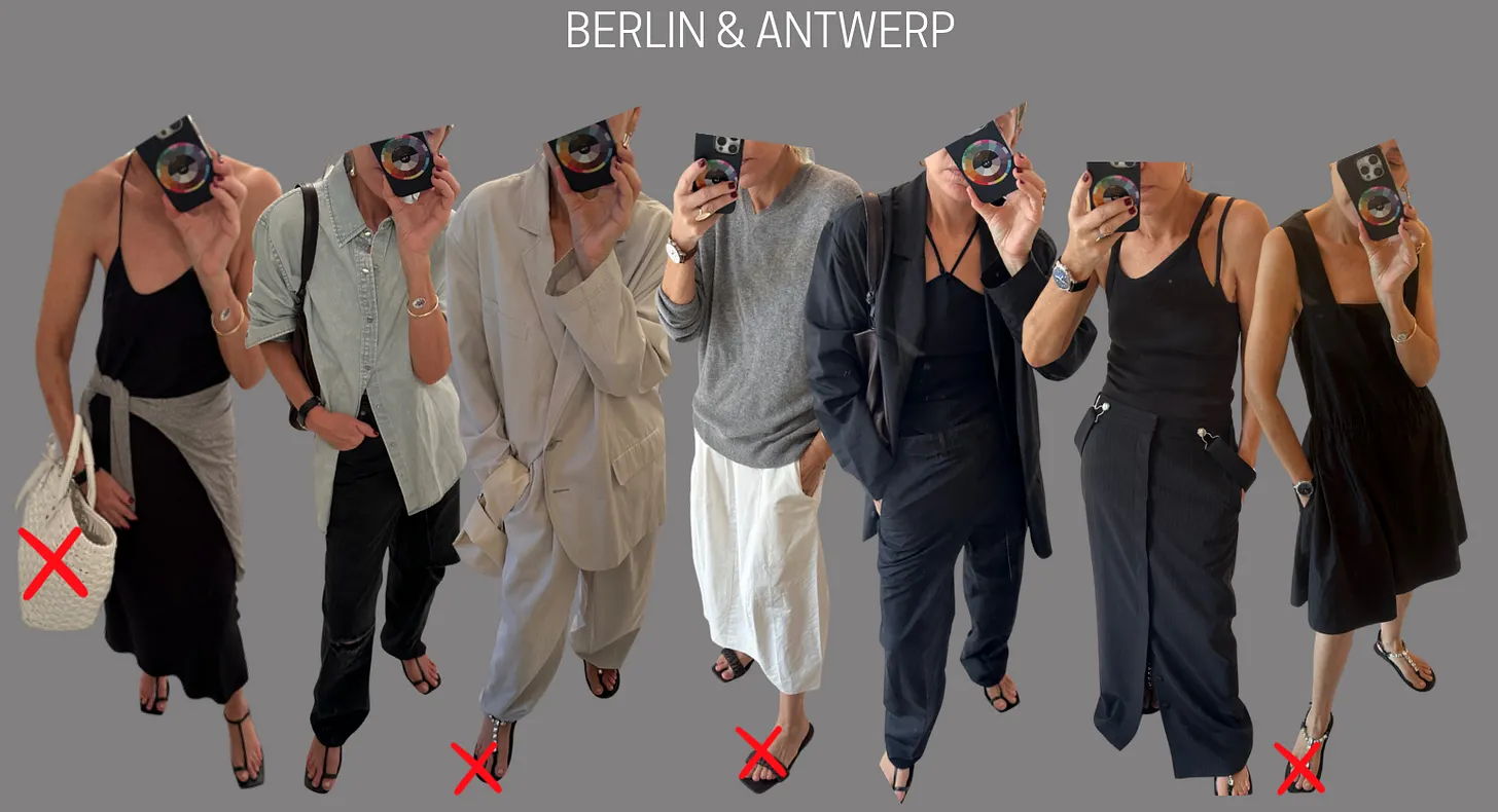 Multiple figures showcasing different outfits with the text 