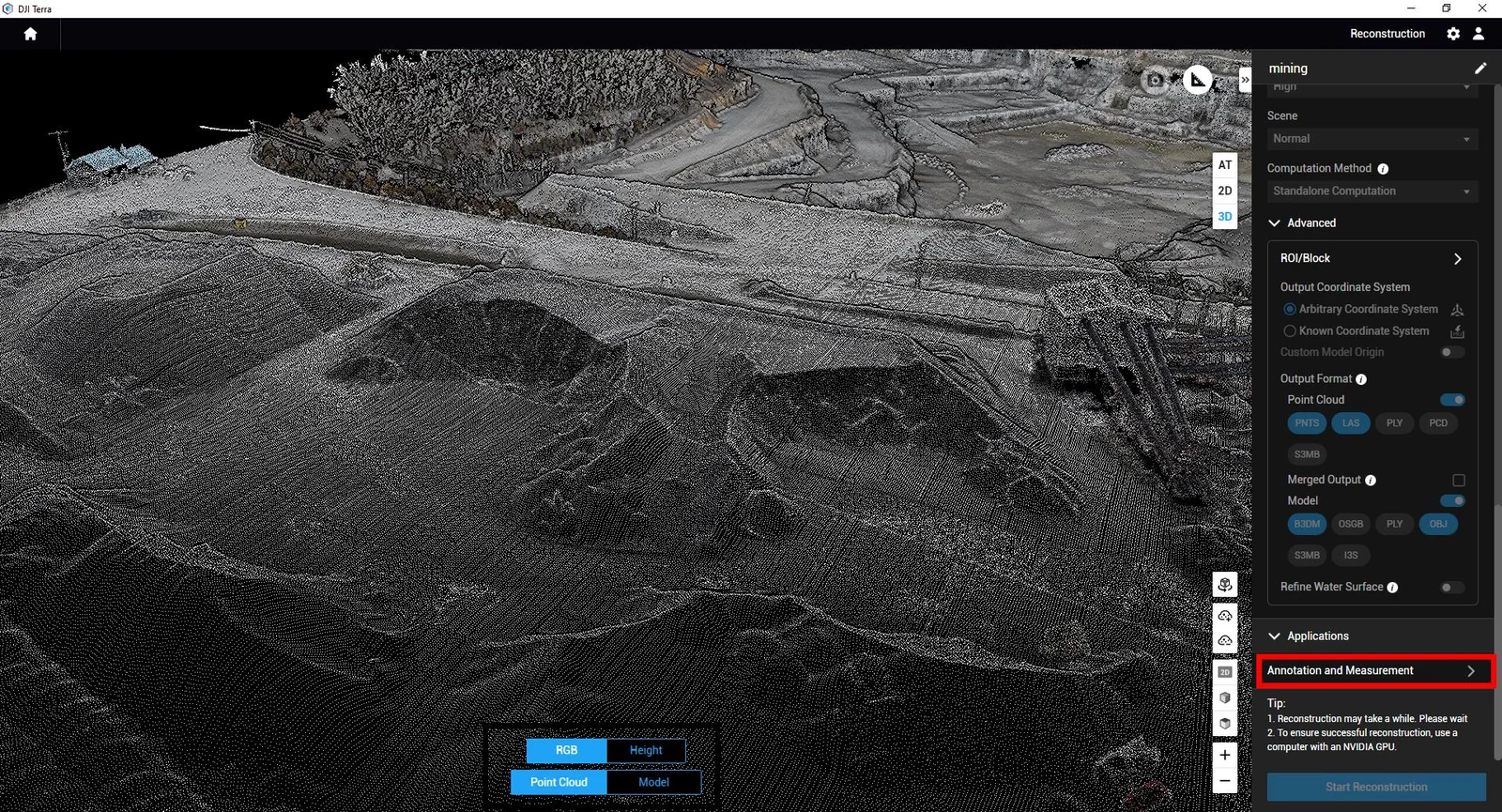 DJI Terra point-cloud model of a mining area used to review terrain and surface conditions