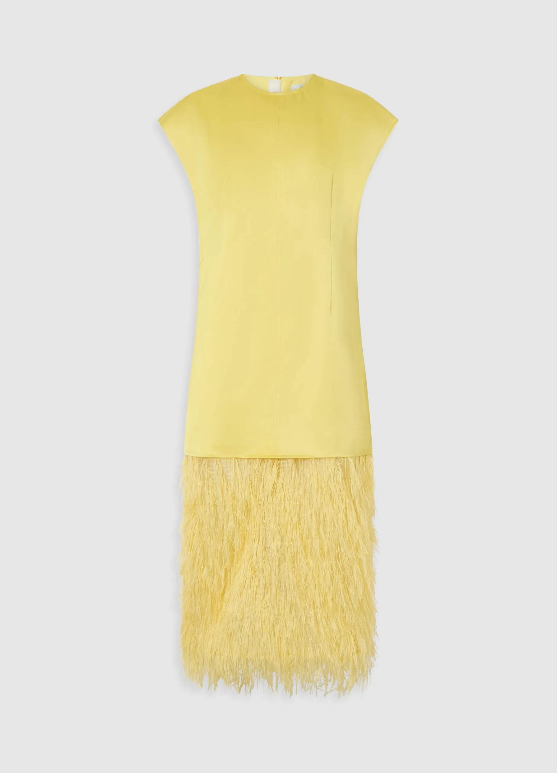 Yellow dress with a feathered bottom and cap sleeves.
