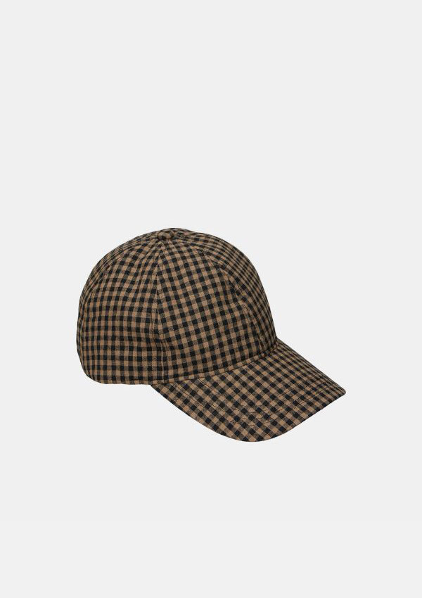 Product image of a BeckSondergaard Gingham Baseball Cap in acorn brown and black small check pattern.